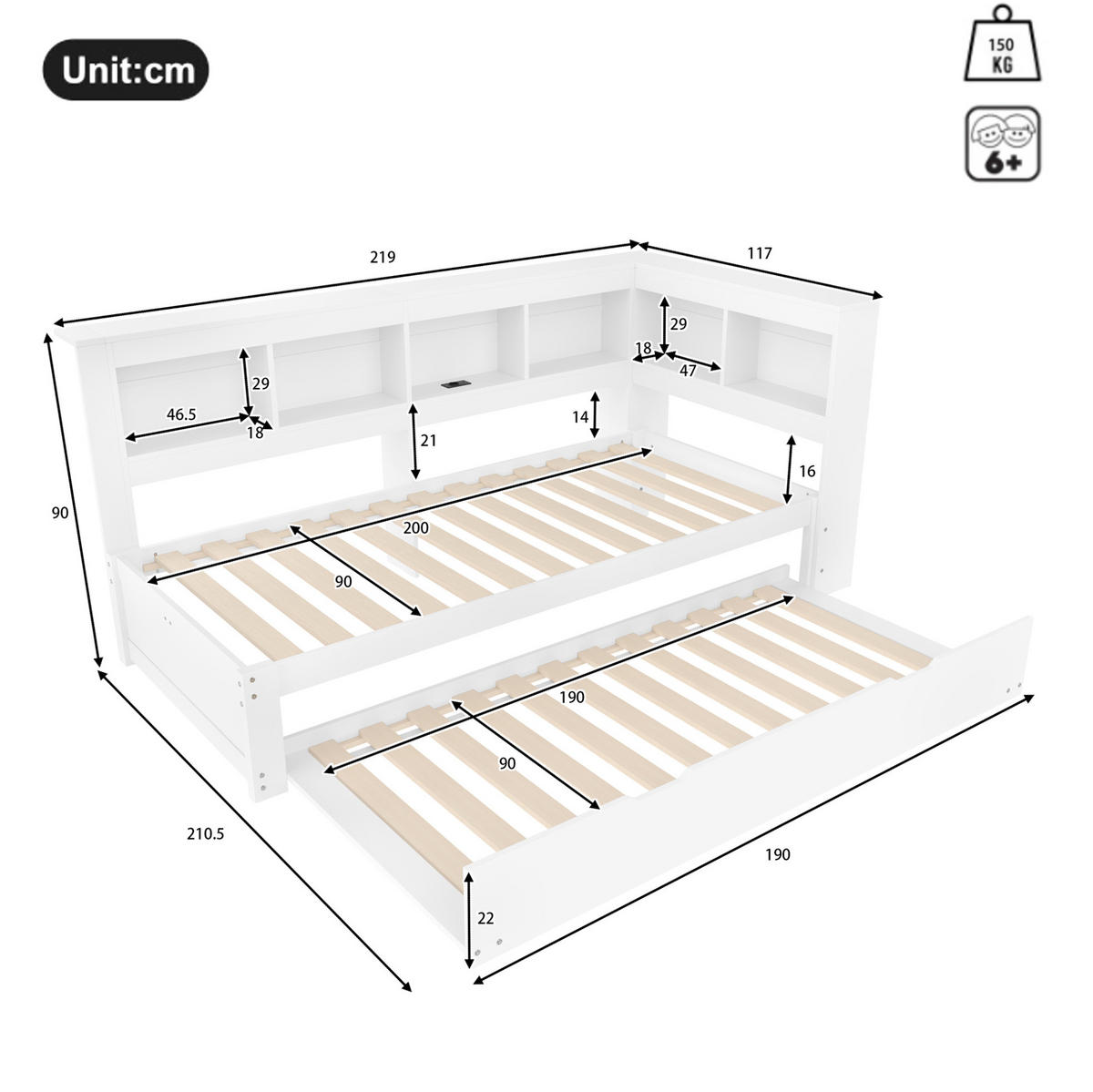 BETT 90/200 cm mit ausziehbarem Rollbett und USB, inkl. Lattenrost - Weiß, Holz (90/200cm) - BEAOK
