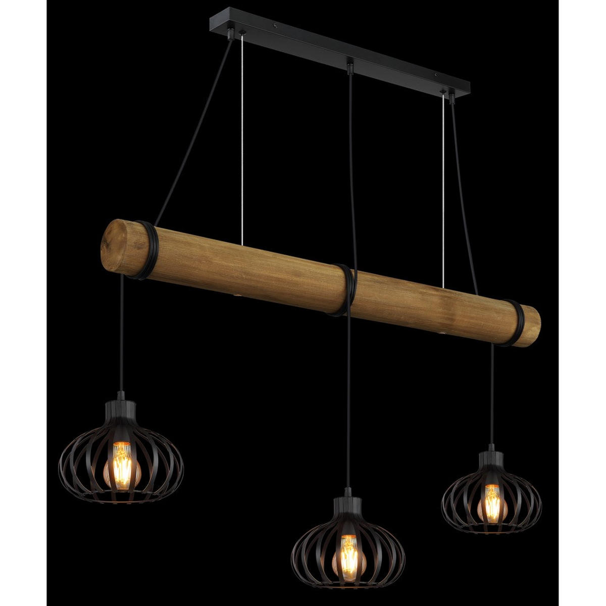 HÄNGELEUCHTE CALDWELL Schwarz, Metall, 3-flammig, E27 - Schwarz, Holz (100/20/150cm) - Globo Lighting