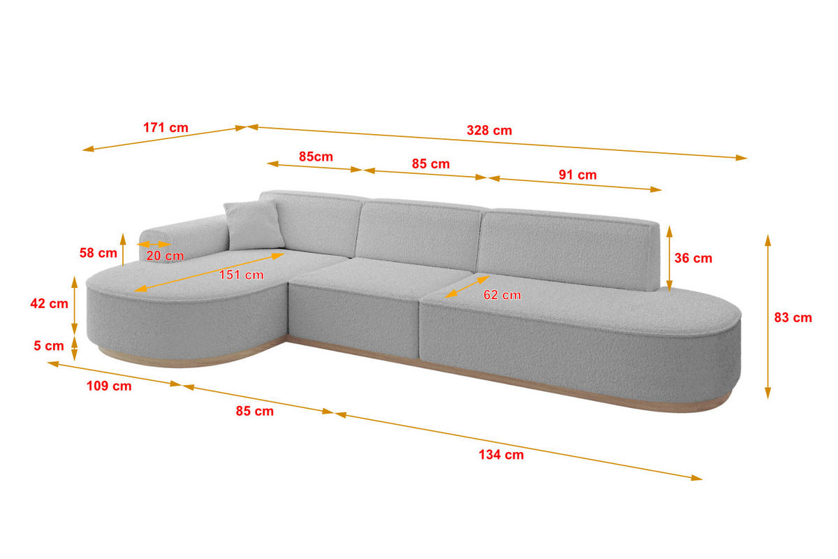 ECKSOFA Ottomane Links MARI-L2-v1 - 328x171x83 cm Hellgrau Bouclé - Hellgrau, Holzwerkstoff/Textil (328/171cm) - ALTDECOR