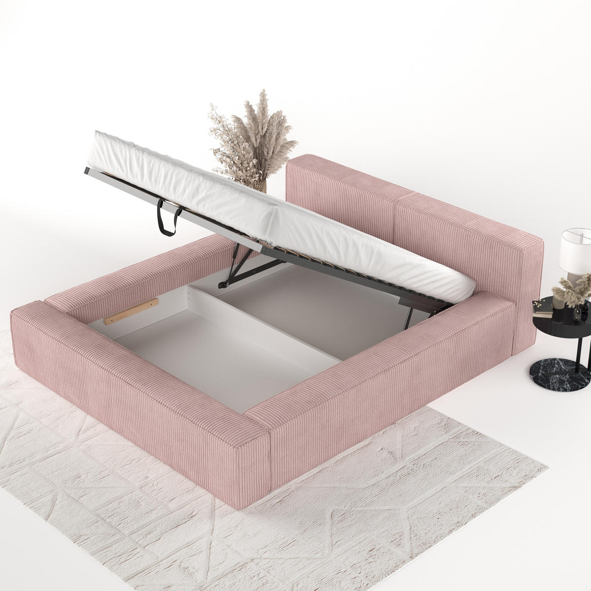 POLSTERBETT Casto mit Stauraum 140/200 cm Hellrosa im Poso Stoff - Hellrosa/Schwarz, Holz/Holzwerkstoff (140/200cm) - AltaBeds