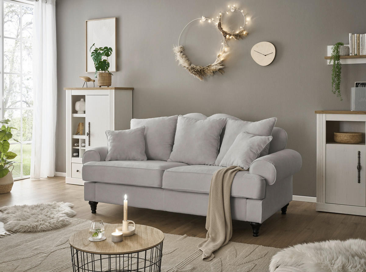 SOFA hellgrau Landhaus, Couch 3-Sitzer 200 cm - Hellgrau, Holz/Textil (200/95/100cm) - Furn.Design