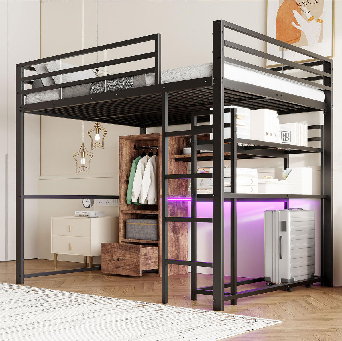 HOCHBETT 140/200 cm aus Metall und MDF mit LED-Beleuchtung und Schreibtisch - Schwarz, Holzwerkstoff (140/200cm) - Flora Grace