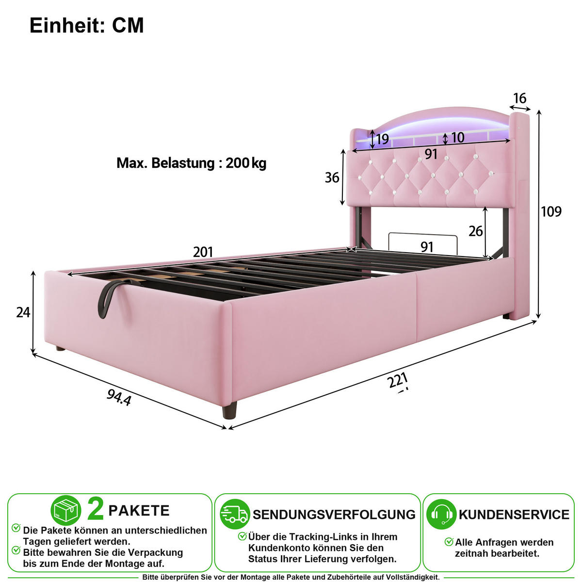 KINDERBETT 90/200 cm in Rosa mit Stauraum, LED und USB aus Samt - Rosa, Holzwerkstoff/Textil (90/200cm) - CHICFURN
