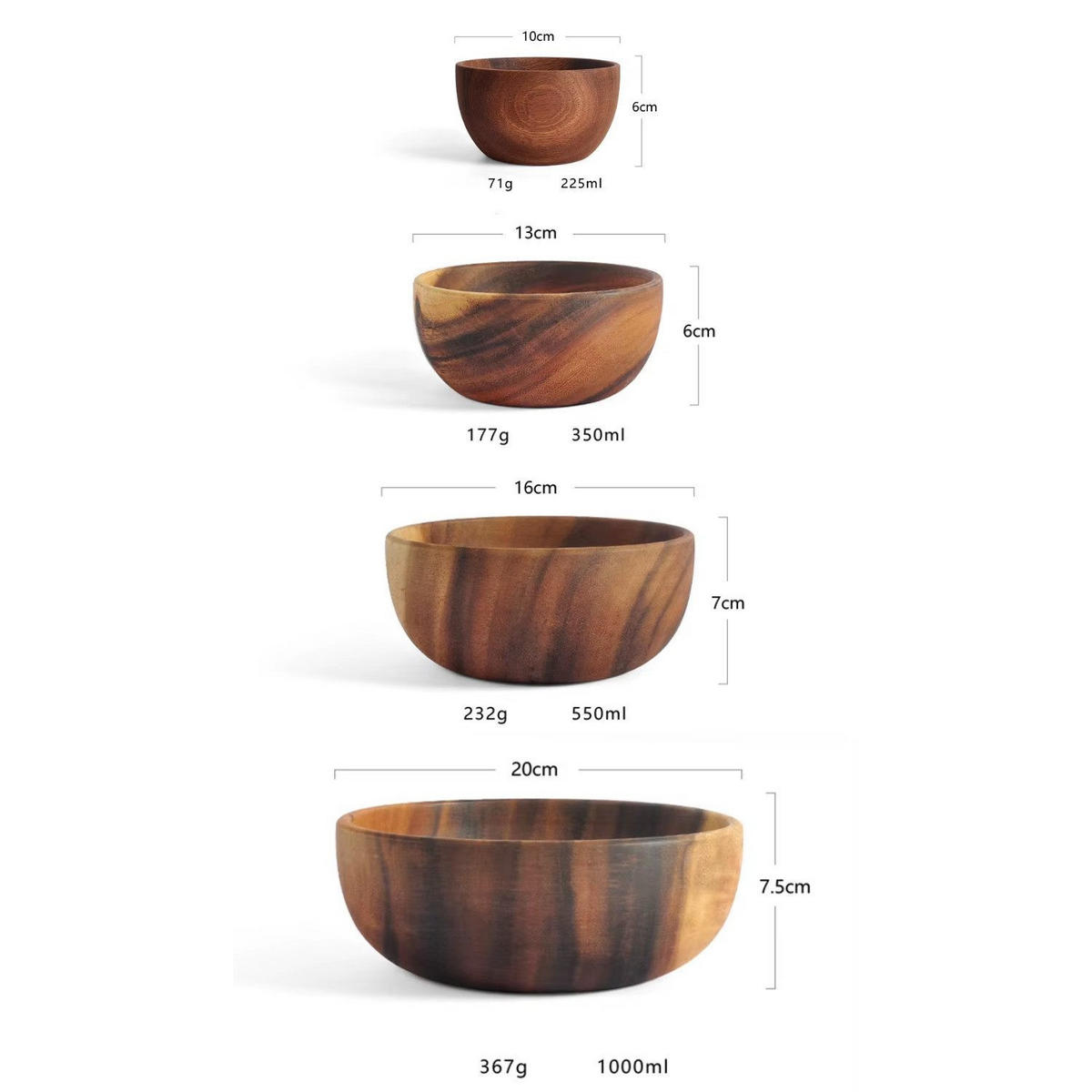 SCHALENSET 4-tlg. Akazienholz Braun 20/16/13/10 cm - Akaziefarben, Holz - Quality Elegance