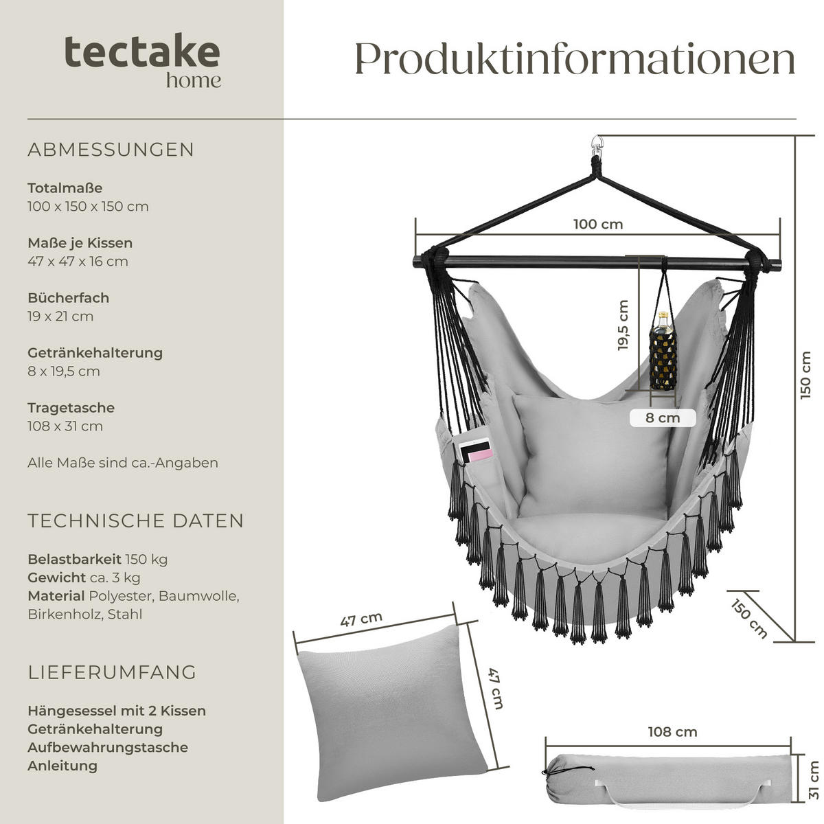 HÄNGESESSEL Malika,inkl. Tragetasche, ca. 100 x 150 x 150 cm,grau - Grau, Kunststoff/Metall (100/150/150cm) - tectake