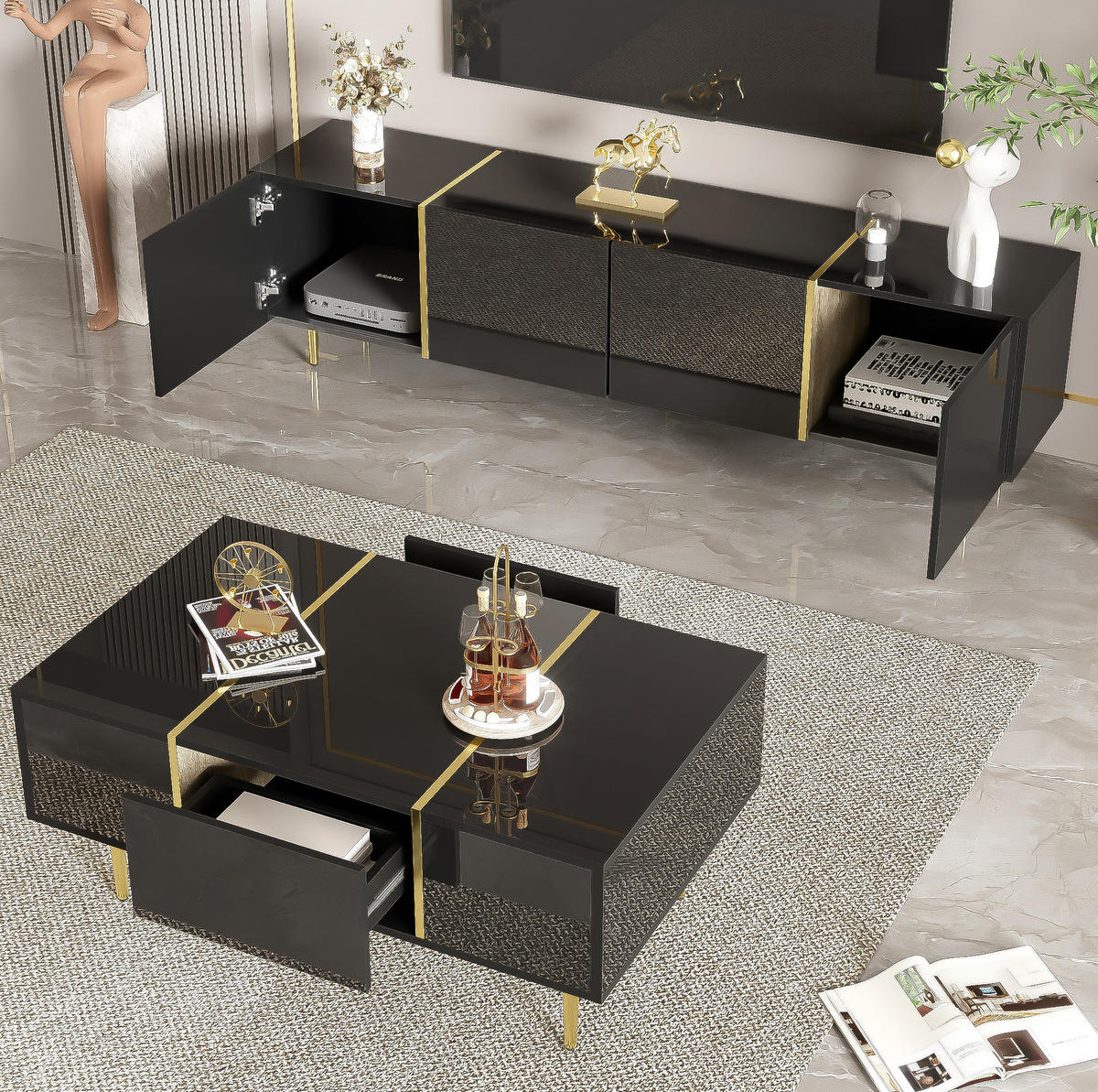 TV-ELEMENT 170/35/46 cm mit 4 Türen & Soft-Close im Set mit Couchtisch - Schwarz, Holzwerkstoff (170/46/35cm) - BEAOK