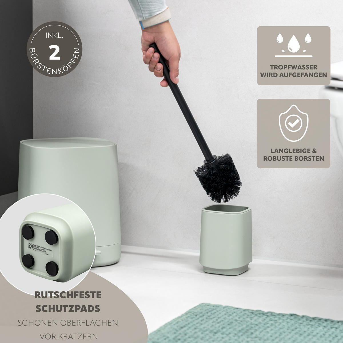 BAD-ACCESSOIRES-SET VALONA 5tlg., salbei, Kunststoff - Salbeigrün, Kunststoff (21/25.5/21cm) - eluno