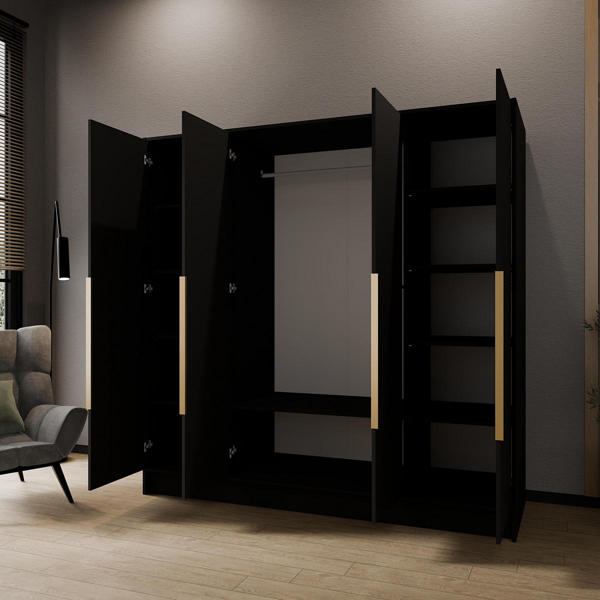 DREHTÜRENSCHRANK Porta ohne Spiegel, 200 cm, Schwarz mit goldenen Griffen - Goldfarben/Schwarz, Holzwerkstoff (200/200/51cm) - AN-Moebel 4u