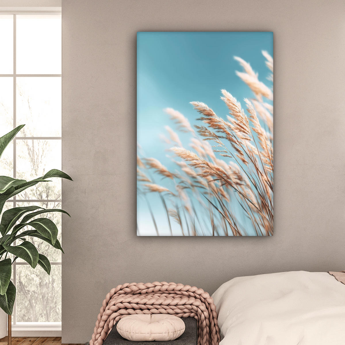 LEINWANDBILD Ziergras - Wind - Hellbraun Deko XXL 80x120 cm - Hellblau, Textil (80/120cm) - MuchoWow