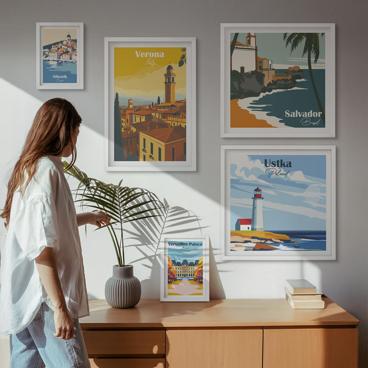 WANDBILDER 5er-Set - 50x50 cm & 20x30 cm & 40x60 cm Weißer Rahmen - Europäische Städte in farbigen Illustrationen - Weiß, Kunststoff (40/60cm) - ArtPrintCave