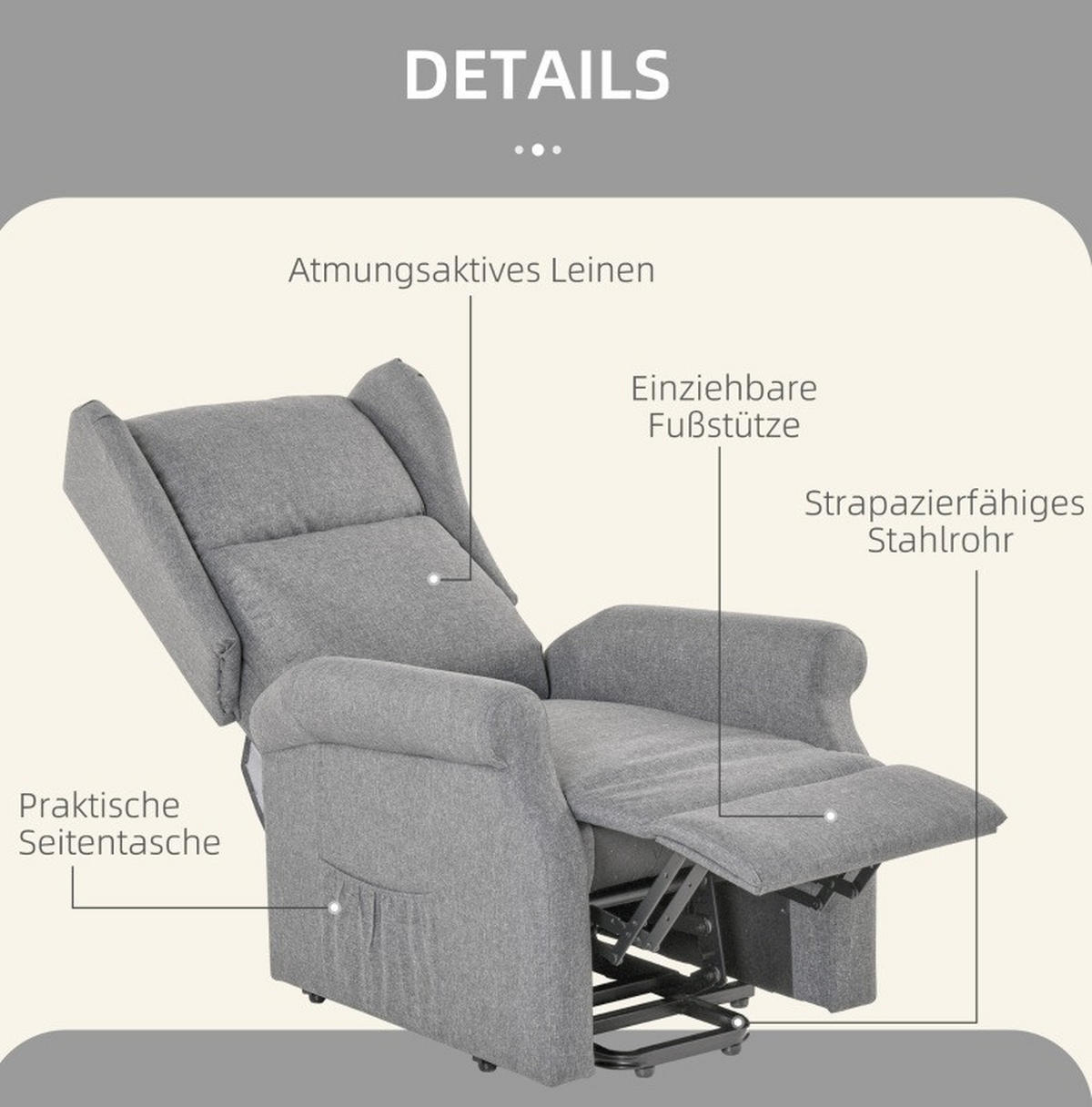 RELAXSESSEL in Grau 94x74x111 cm mit elektrischer Aufstehhilfe und Liegefunktion bis 200 kg - Grau, Textil (74/111/94cm) - IVMEU