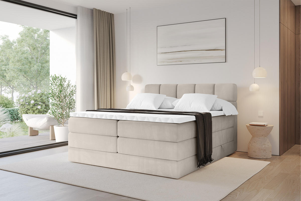 BOXBETT mit Matratze H3/H4 - FAMA KING - 160x200 cm Beige Casablanca - Beige, Holzwerkstoff (160/200cm) - ALTDECOR