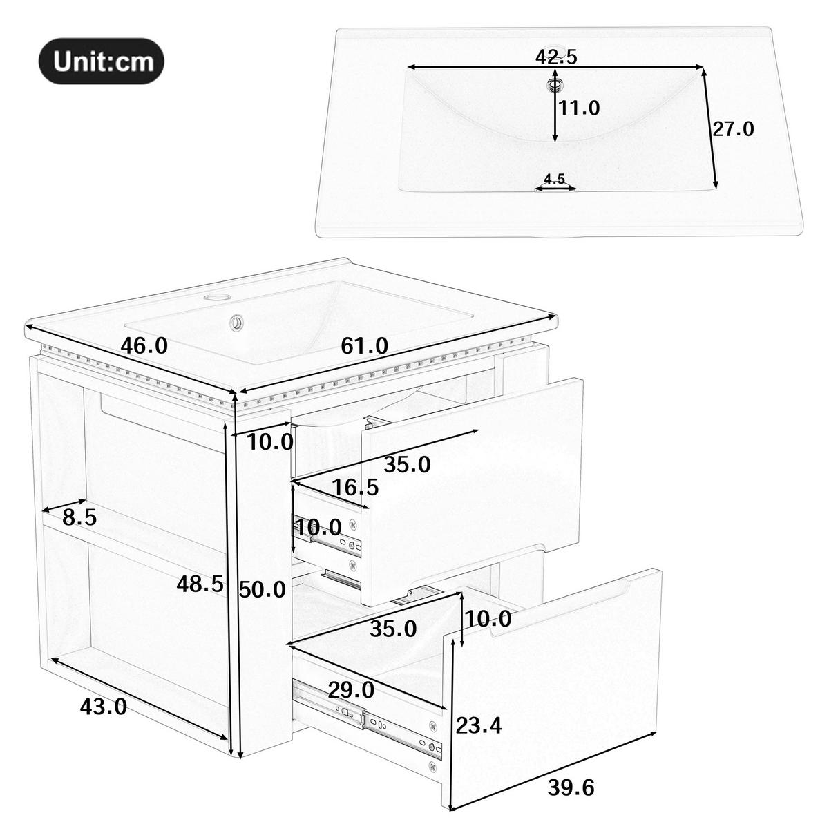 WASCHTISCHKOMBI 60/46/48,5 cm in Weiß mit LED-Sensorleuchte und 2 Schubladen - Weiß, Holzwerkstoff (61/48.5/46cm) - BEAOK