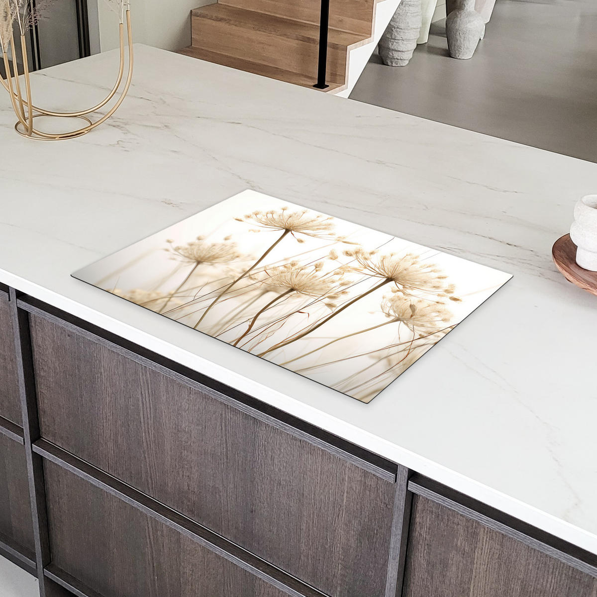 HERDABDECKPLATTE Blumen - Weiß - Sonnenlicht Herdabdeckung Induktionsfeld 75x52 cm - Ecru, Kunststoff (75/52/0.2cm) - MuchoWow