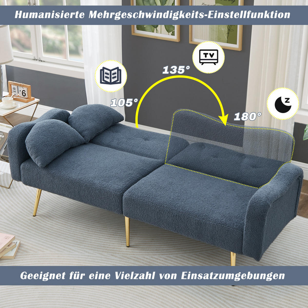 SOFA 2-Sitzer Sofabett Verstellbare Lehne Goldene Metallfüße 2in1 Modern - Grau, Holz (89.92/18.54/79.5cm) - FLIEKS