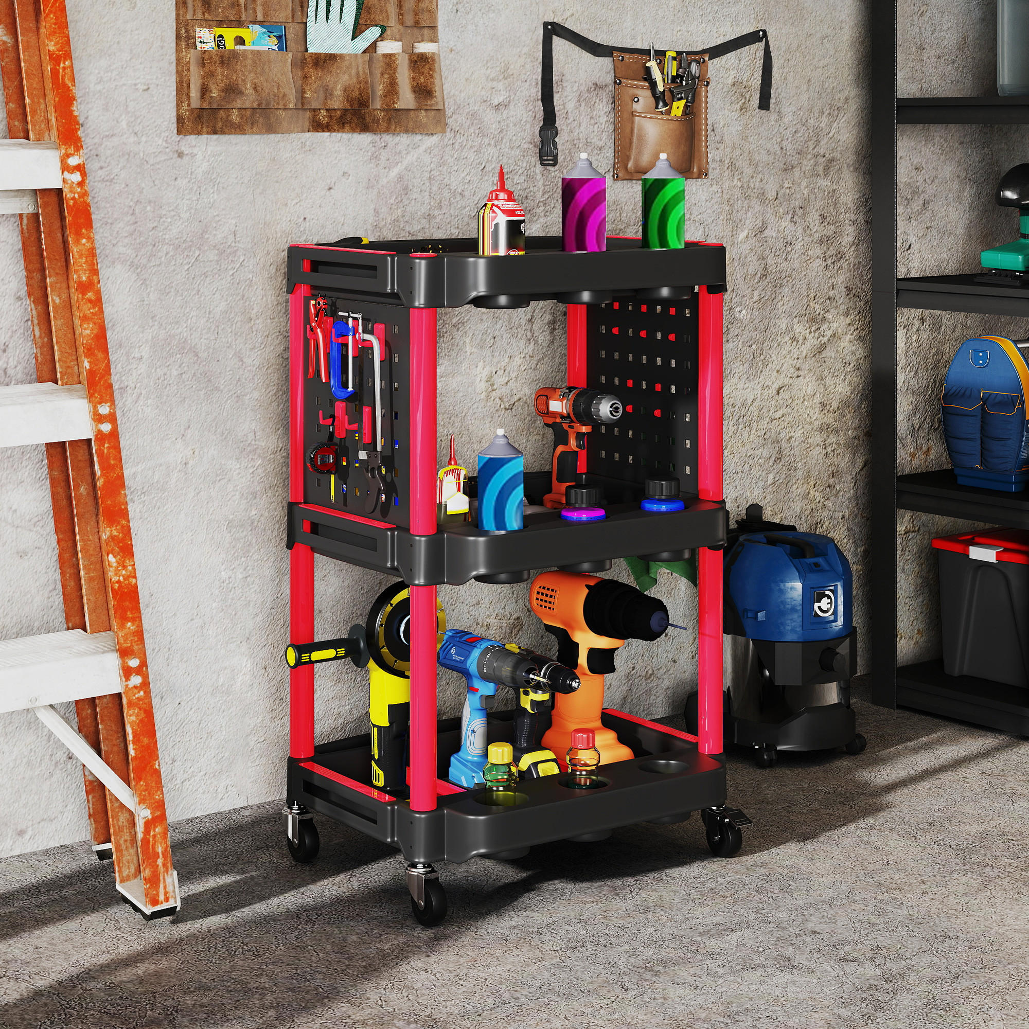 WERKSTATT-ROLLWAGEN mit 3 Etagen, Seitenlochregalen, Werkzeugwagen mit Haken - Schwarz, Kunststoff (47.5/89/56.5cm) - HOMCOM