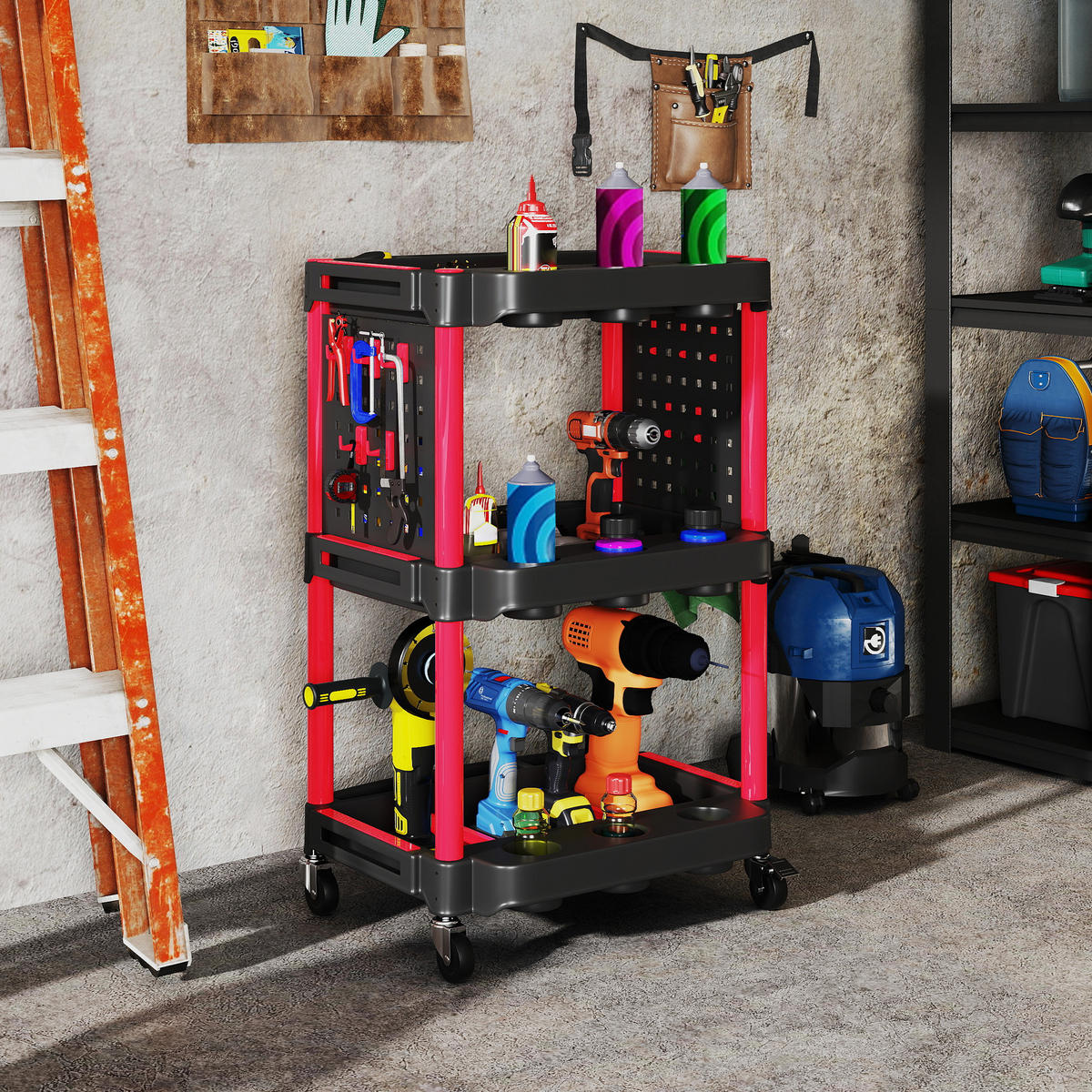 WERKSTATT-ROLLWAGEN mit 3 Etagen, Seitenlochregalen, Werkzeugwagen mit Haken - Schwarz, Kunststoff (47.5/89/56.5cm) - HOMCOM