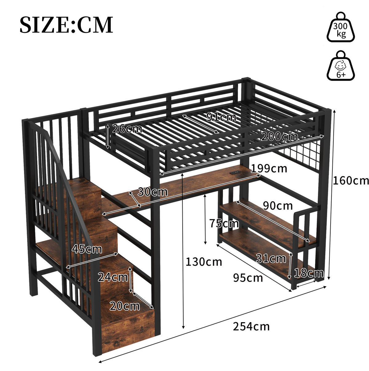 HOCHBETT 90/200 cm mit Schreibtisch, LED-Lichtleiste, Stauraumtreppe, USB und Typ-C, Metall/MDF, Schwarz - Schwarz, Metall (90/200cm) - Redom