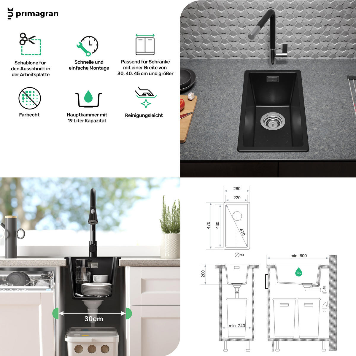 SPÜLBECKEN London Slim, 2-er set Grau 26/47 cm 1 Becken + Ablauf-Set ab 30er Unterschrank - Chromfarben/Grau, Kunststoff (26/20/47cm) - Primagran