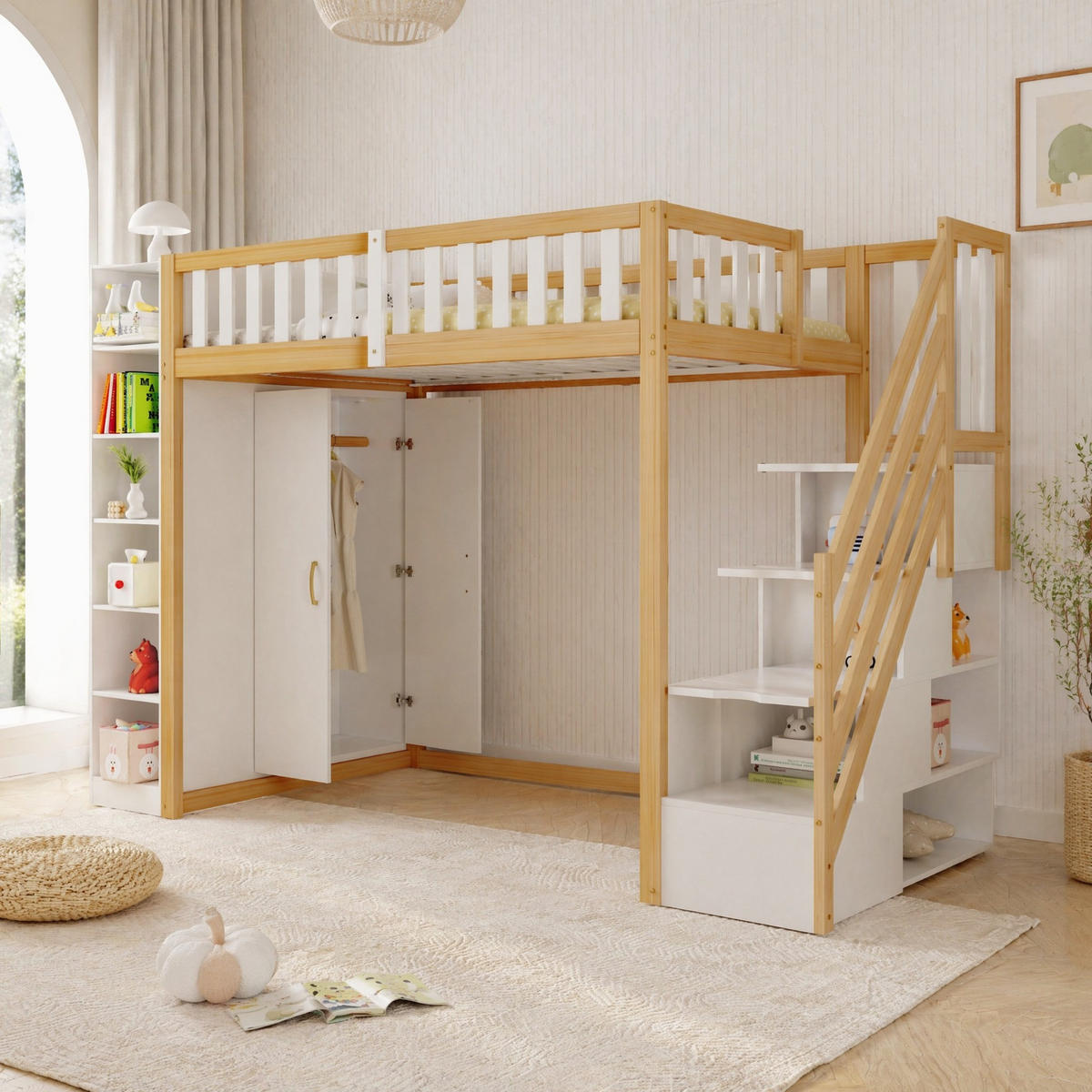 HOCHBETT 90/200 mit Kleiderschrank, Stauraumleiter und Regalen in Weiß und Naturholz - Weiß/Naturfarben, Holz/Holzwerkstoff (90/200cm) - EVRYAE