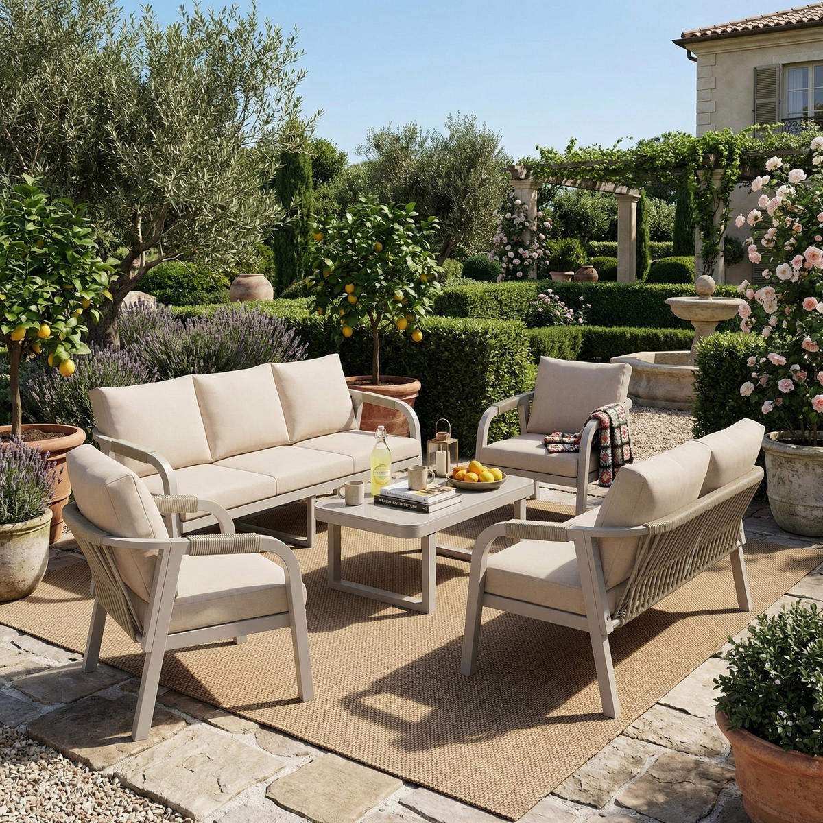 GARTENLOUNGE-SET 7 Personen 3-Sitzer 2-Sitzer Sessel Beige - Beige, Textil - FLIEKS