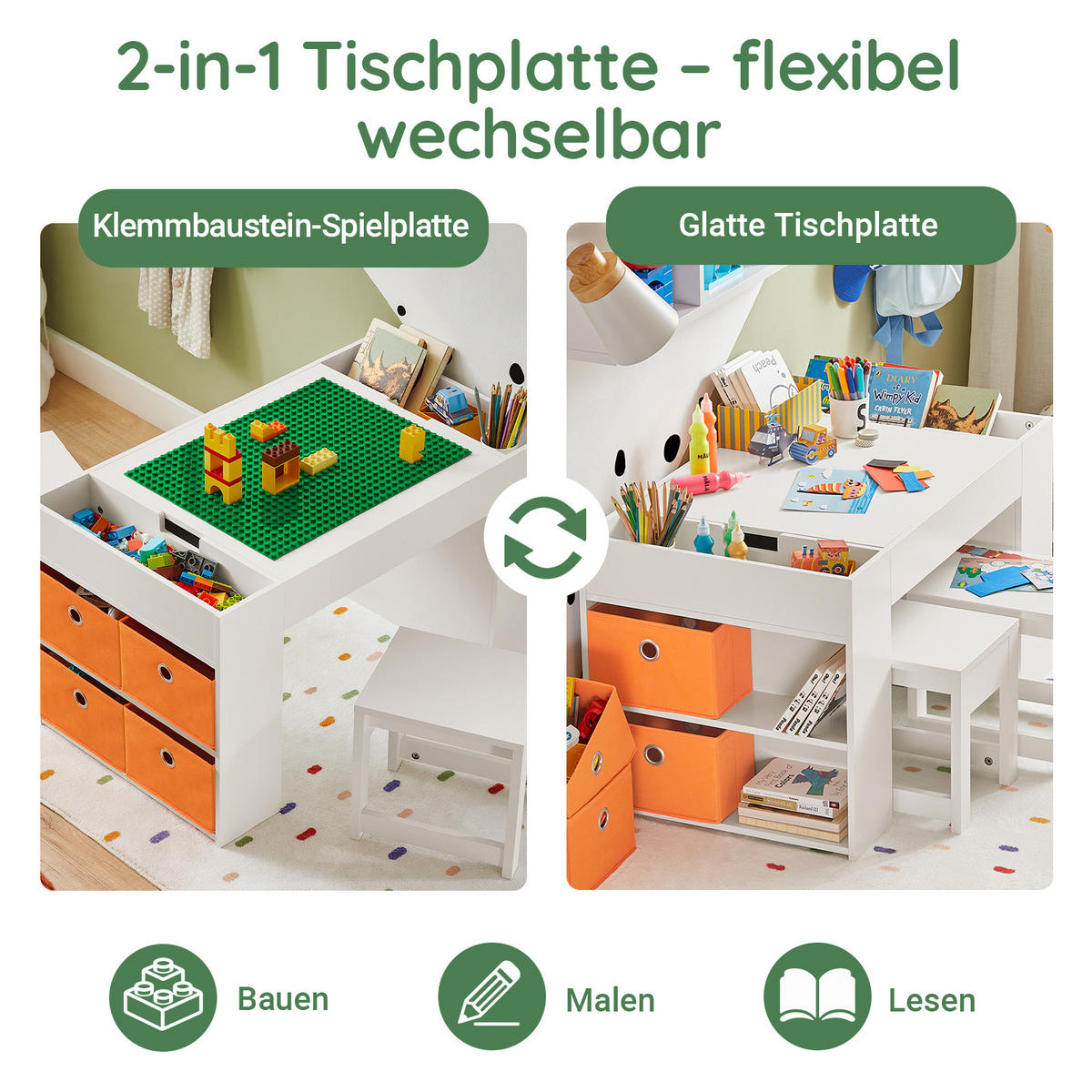 KINDERSITZGRUPPE Weiß, mit 2 Stühlen, 87 x 50 x 50 cm, Kindersitzgruppe mit Stauraum, Spieltisch, Kinderzimmer - Weiß, Holzwerkstoff (87/50/50cm) - SoBuy