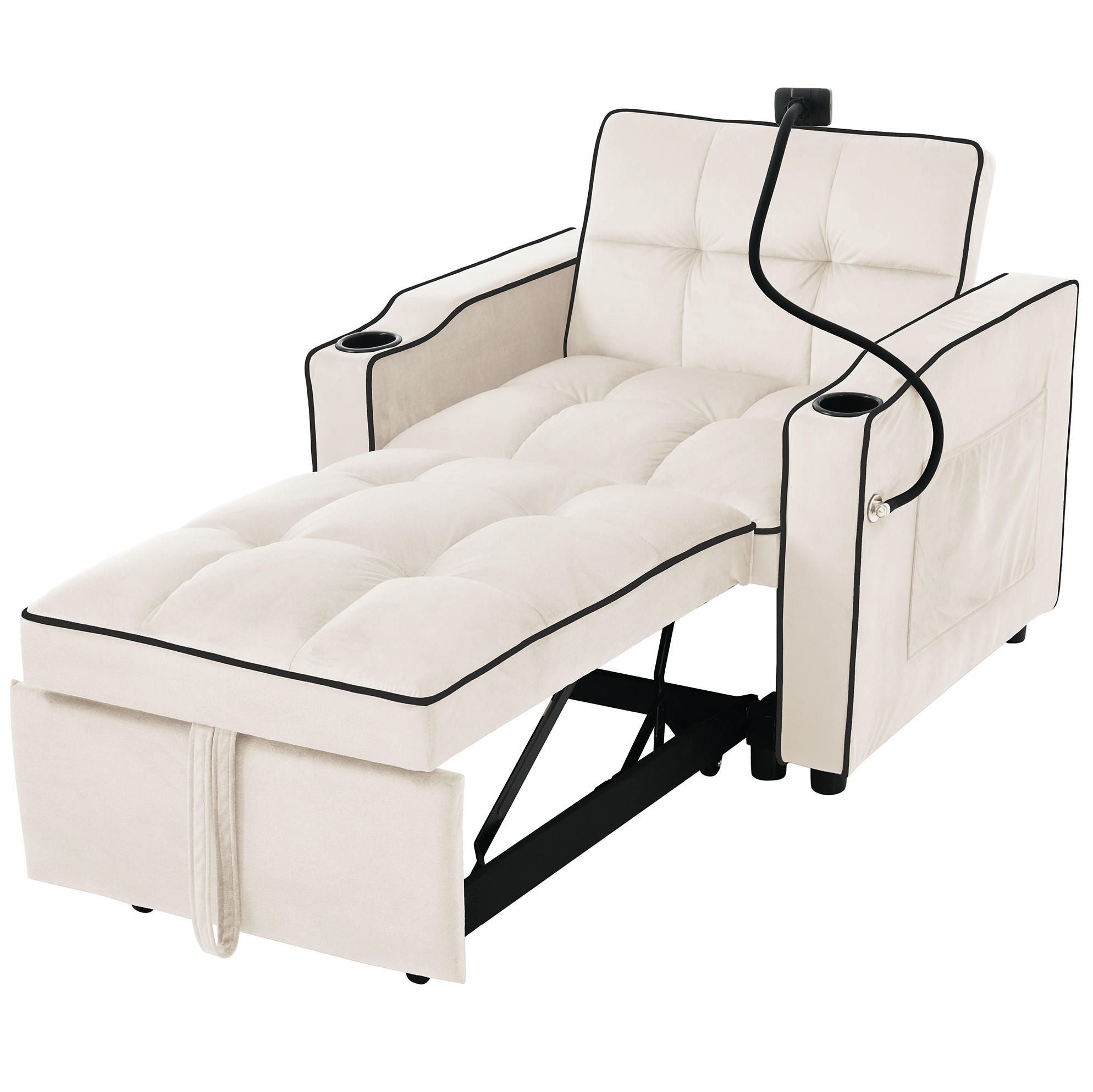 SCHLAFSESSEL aus Samt und Schaumstoff 83x167x76 cm Beige 3-in-1 ausziehbar mit Getränkehaltern und Handyhalterung - Beige, Kunststoff (167/76/83cm) - Modfu
