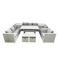 GARTENMÖBEL SET mit 3-Sitzer-Sofa und 2 Stühle, Esstisch,2 Hockern,2 Beistelltischen Polyrattan Hellgrau 10-Sitzer - Hellgrau/Grau, Glas/Kunststoff - Fimous