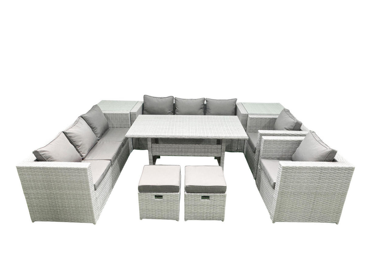 GARTENMÖBEL SET mit 3-Sitzer-Sofa und 2 Stühle, Esstisch,2 Hockern,2 Beistelltischen Polyrattan Hellgrau 10-Sitzer - Hellgrau/Grau, Glas/Kunststoff - Fimous