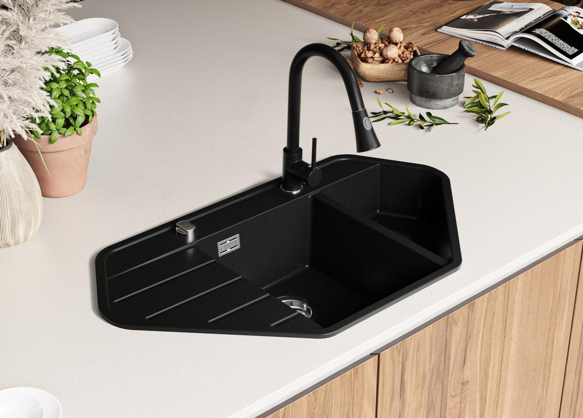GRANITSPÜLE Kopenhagen Corner, 2-er set Schwarz 90/50 cm 1,5 Becken + Küchenarmatur 40/20 cm + Ablauf-Set ab 70er Unterschrank - Chromfarben/Schwarz, Kunststoff (90/18/50cm) - Primagran