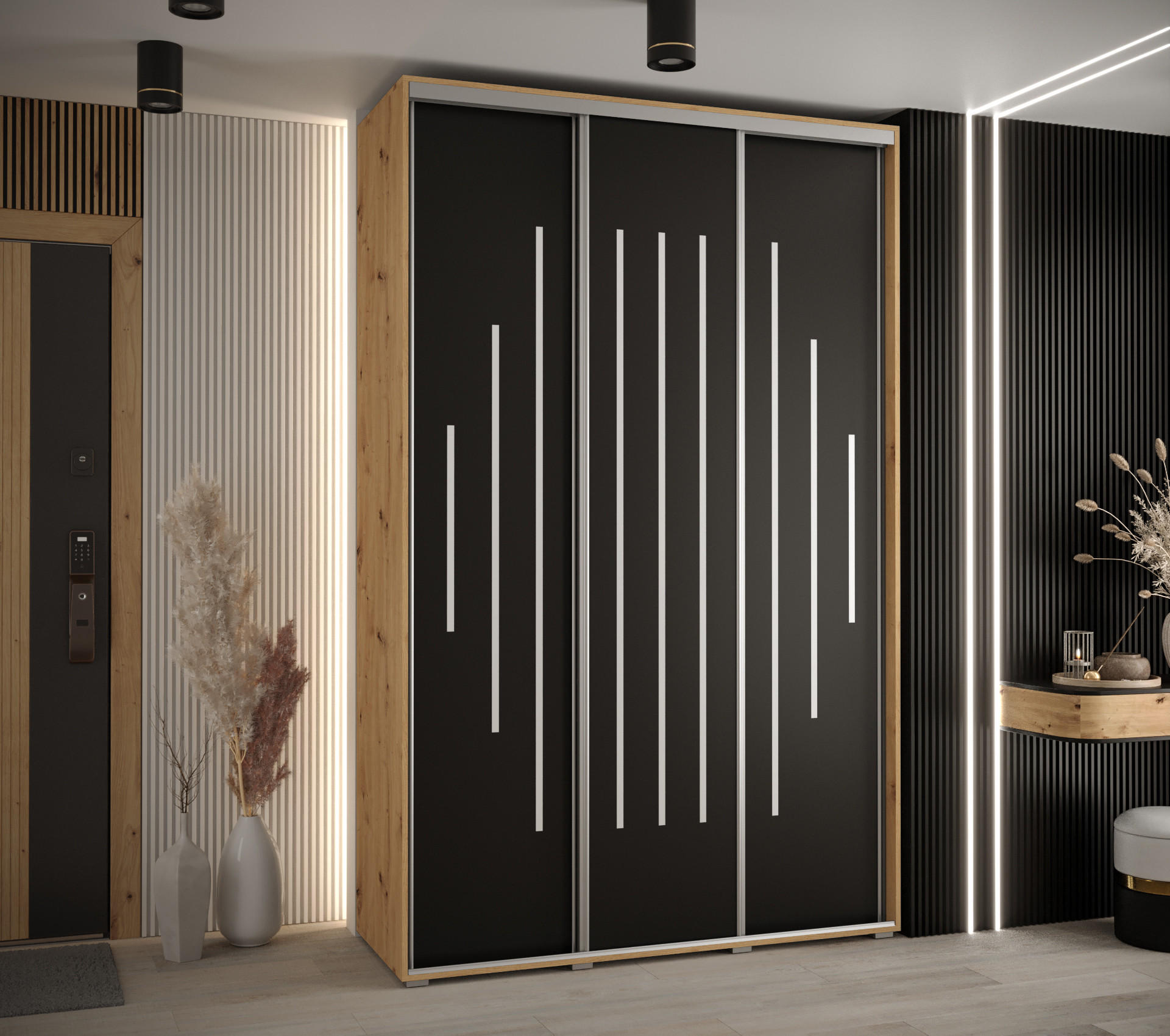 SCHWEBETÜRENSCHRANK 235,2/160/60 3-türig - Silberfarben/Schwarz, Holz/Metall (160/235/60cm) - Abiks Möbel