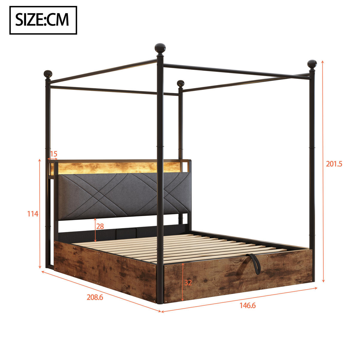 METALLBETT aus Metall 140x190 cm Schwarz mit LED, USB-/Type-C-Anschluss und hydraulischem Bettkasten - Schwarz, Metall (140/190cm) - Modfu