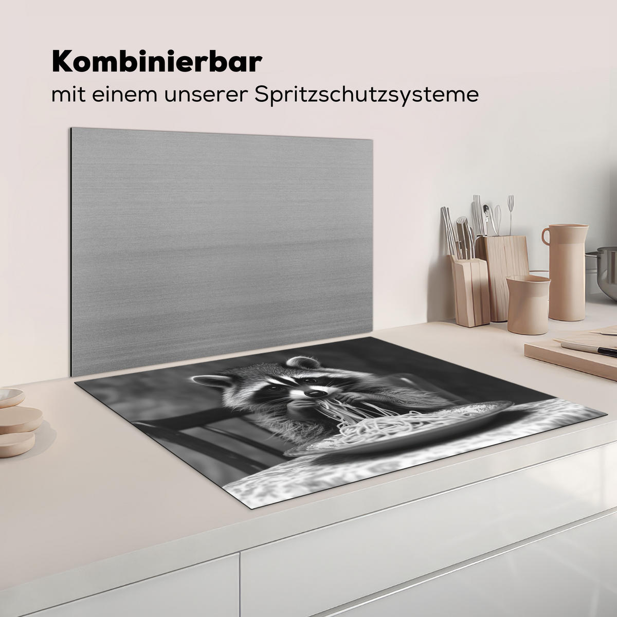 HERDABDECKPLATTE Waschbär - Niedlich - Pasta - Tischtuch - Schwarz - Weiß Induktionsmatte 77x59 cm - Grau, Kunststoff (77/59/0.2cm) - MuchoWow