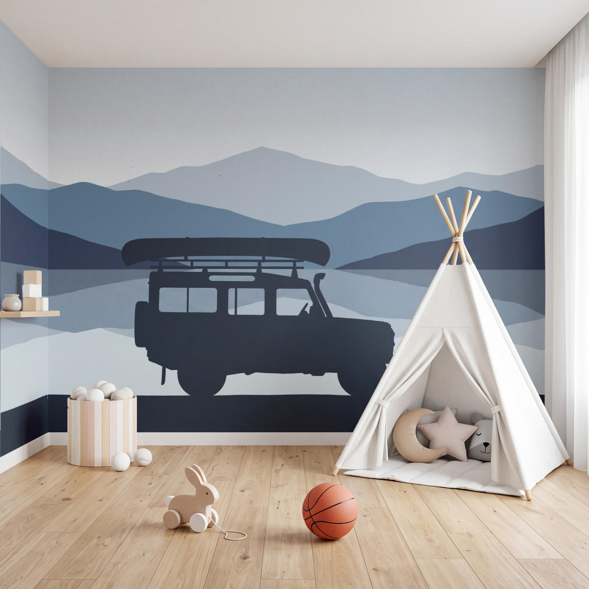 KINDERTAPETE - Auto - See - Berge - Blau - 450x300 cm - Blaugrau, Papier (450/300cm) - OnlyWow