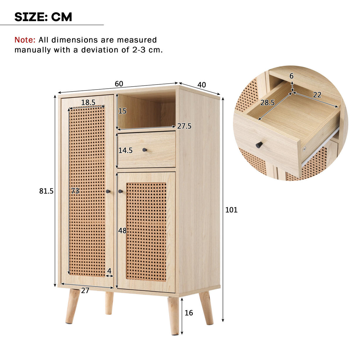KOMMODE 60/40/101 cm aus Spanplatte mit 2 Rattantüren und Schublade Eichefarben - Eichefarben, Holzwerkstoff (60/101/40cm) - Modenvie