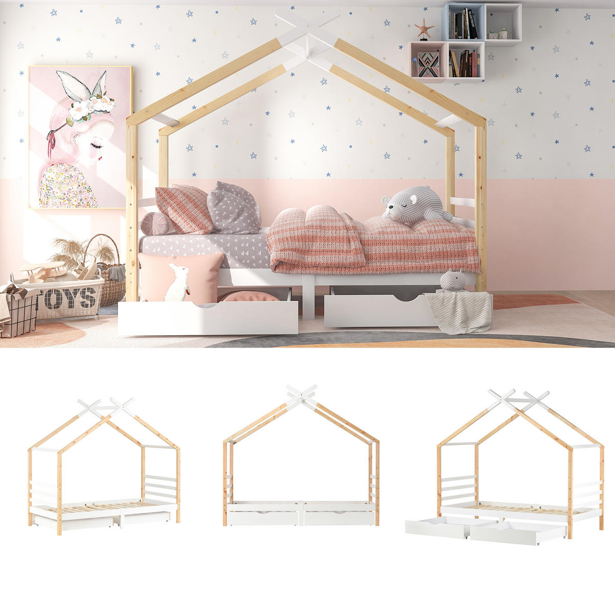 HAUSBETT 90/200 cm weiß Massivholz mit Schubladen und Lattenrost - Weiß, Holz (90/200cm) - OKWISH