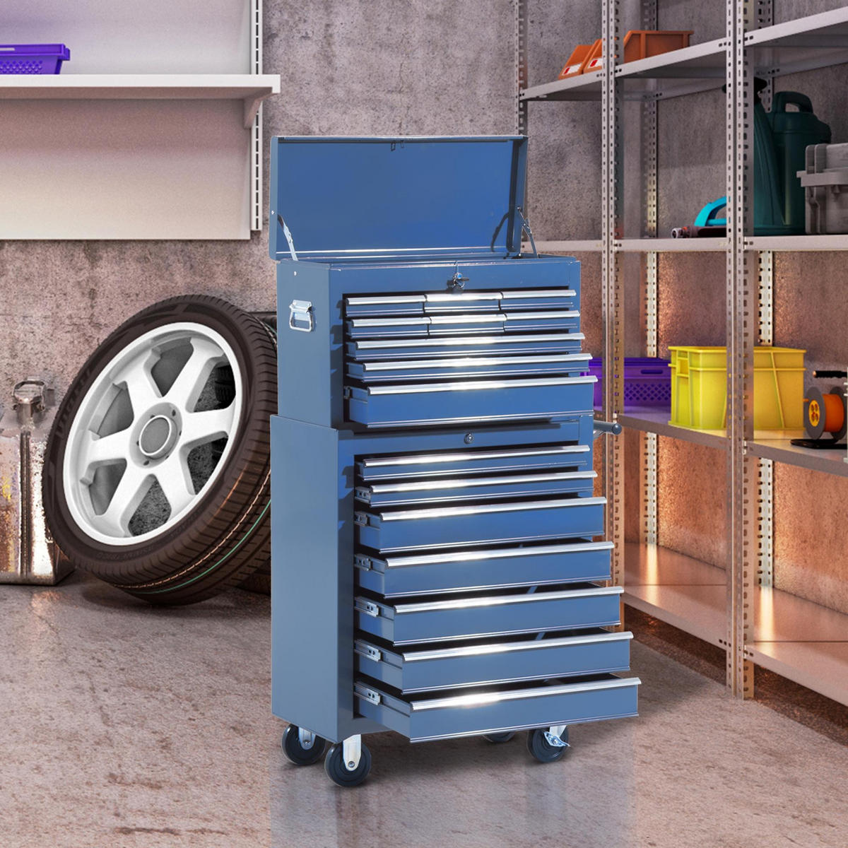 FAHRBARER Werkzeugwagen Werkstattwagen Rollwagen Werkzeugkasten - Blau, Metall (33/113/61.5cm) - HOMCOM