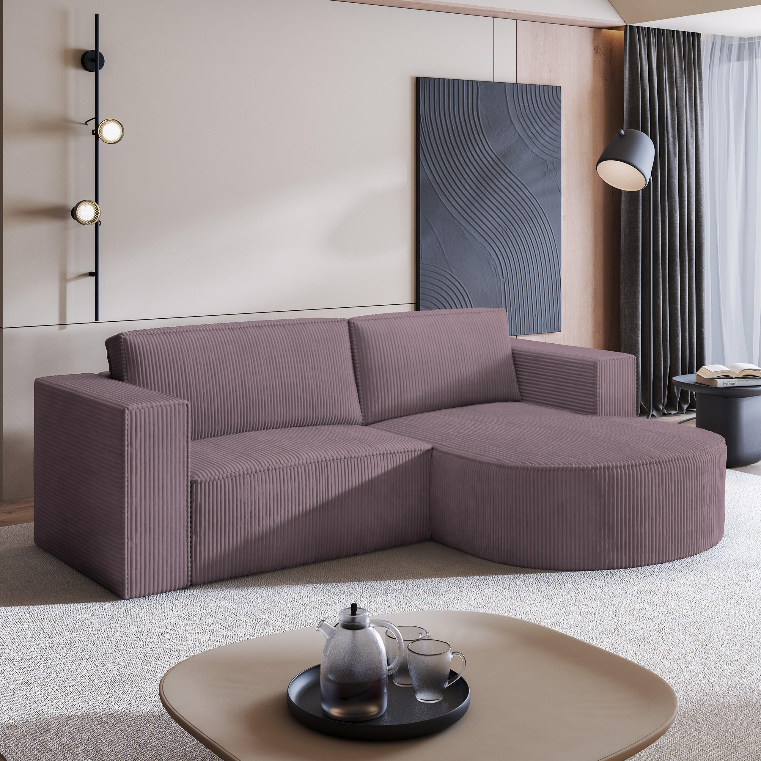 ECKSOFA SORELA P R-S Lila Kordstoff mit Schlaffunktion - Lila, Holz (263/174cm) - MASSENO