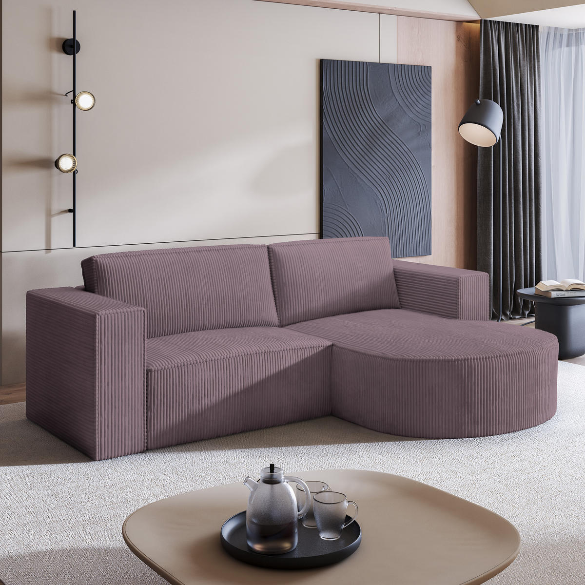 ECKSOFA SORELA P R-S Lila Kordstoff mit Schlaffunktion - Lila, Holz (263/174cm) - MASSENO