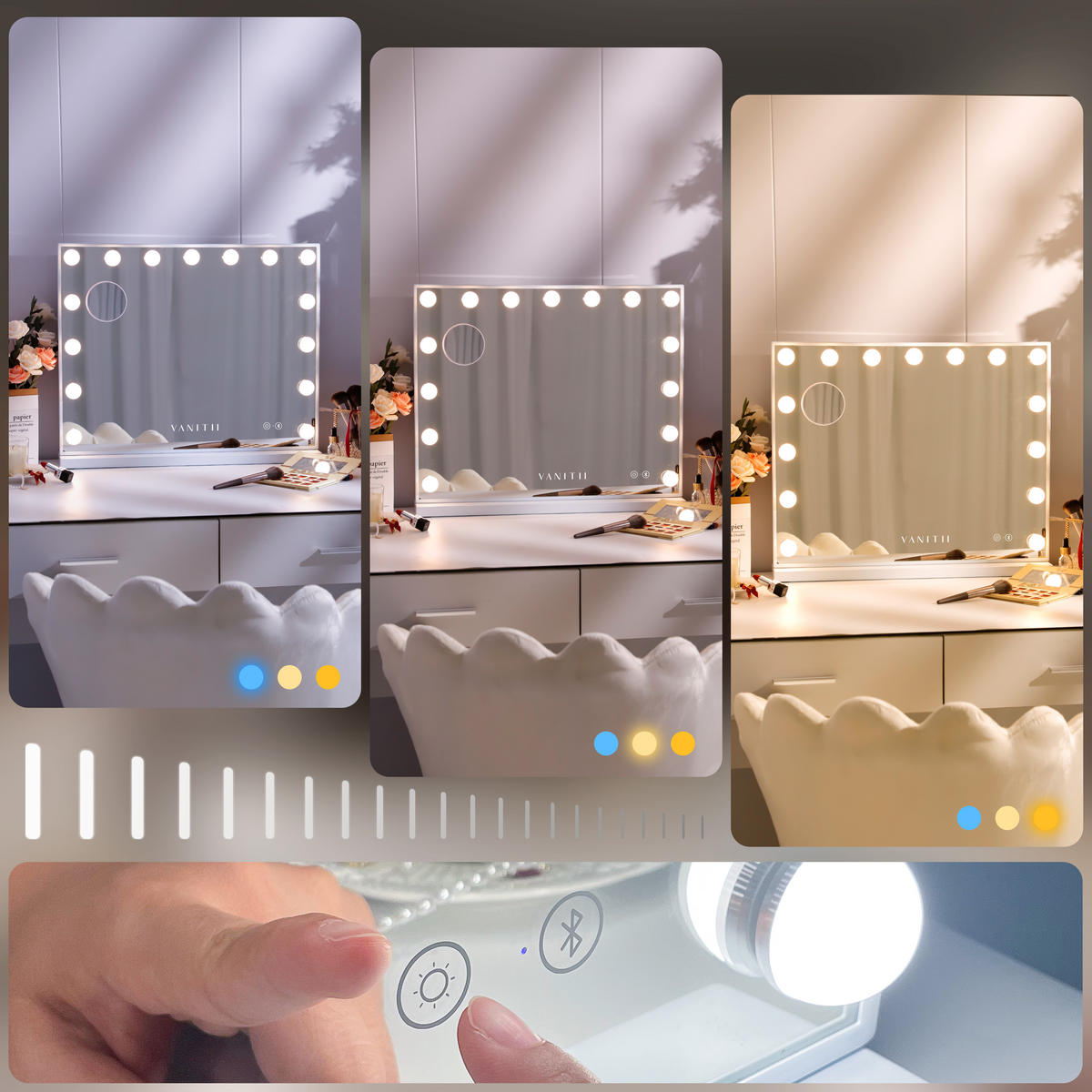 SCHMINKSPIEGEL mit LED-Beleuchtung und Bluetooth weiß 58/46 cm - Weiß, Metall (58/46/3cm) - VANITII