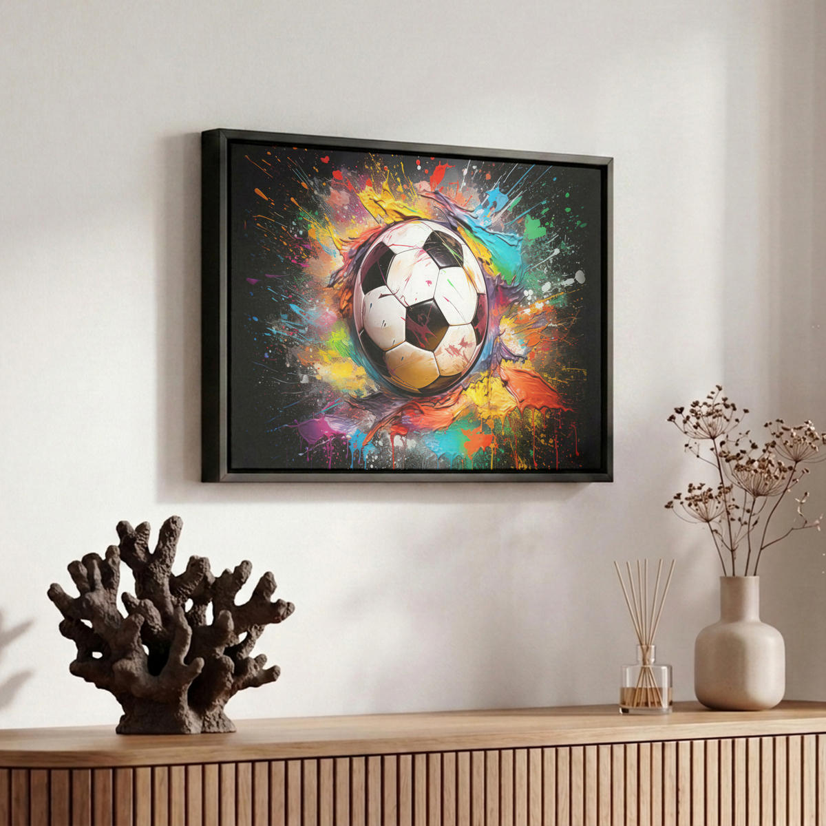 LEINWAND Bilder mit Rahmen - Fußball - Farbe - Farben - Schwarz - Weiß - 30x20 - Weiß, Textil (30/20cm) - MuchoWow
