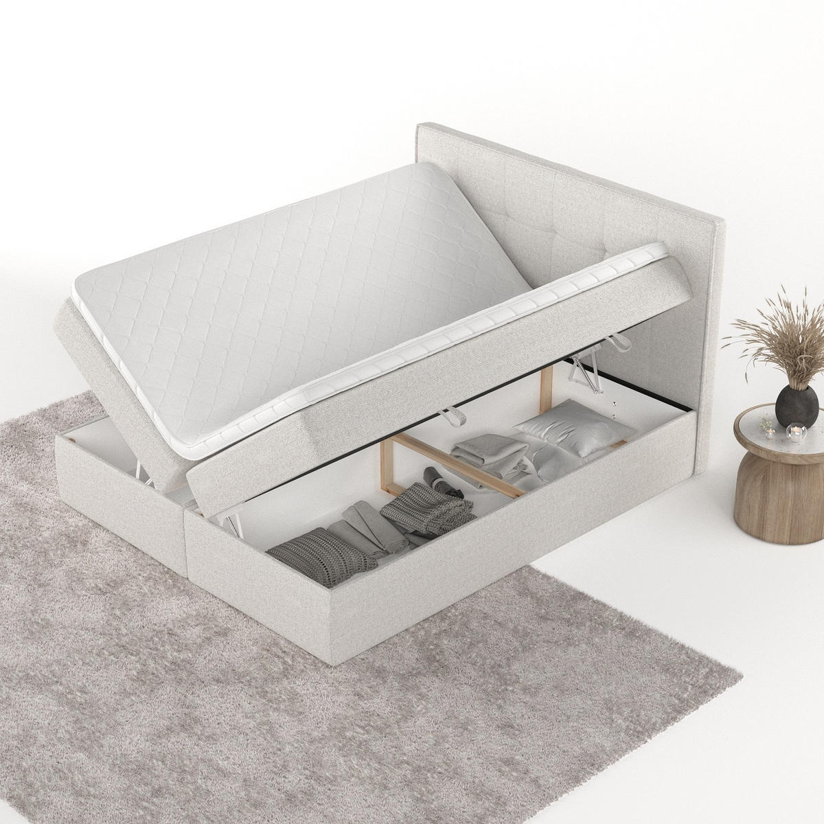 BOXBETT Mireo 140/200 cm Hellbeige im Riva Stoff - Sandfarben/Schwarz, Holz/Holzwerkstoff (140/200cm) - AltaBeds