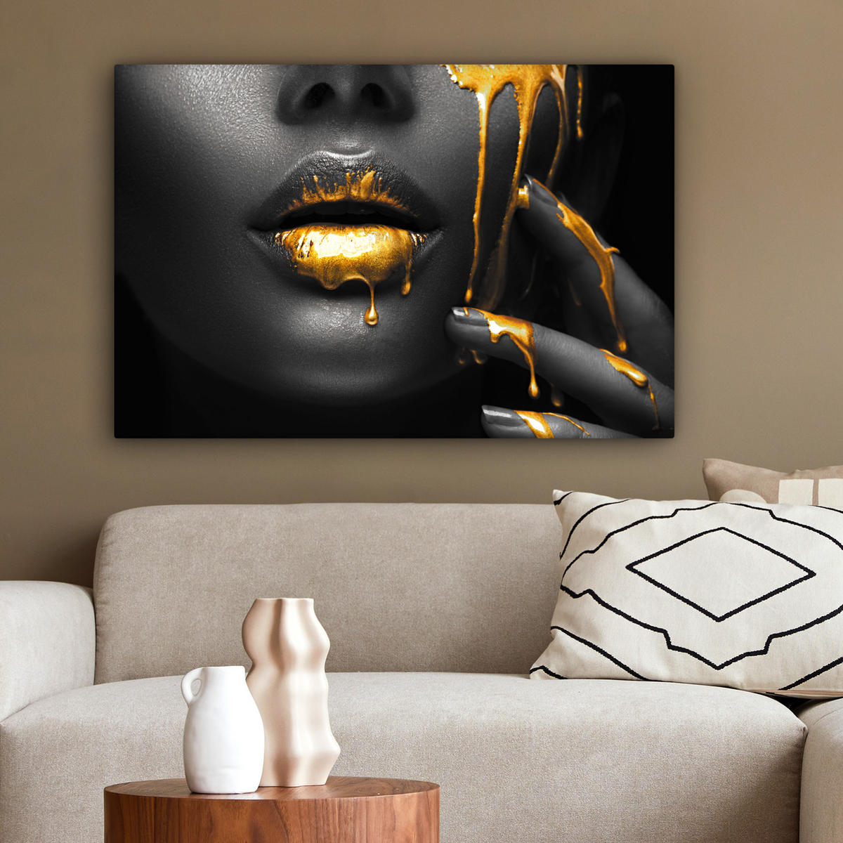 LEINWANDBILD Frau - Schwarz - Gold - Gesicht - Lippen Gemälde 60x40 cm - Goldfarben, Textil (60/40cm) - MuchoWow