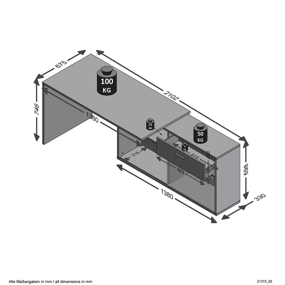 ECKSCHREIBTISCH mit niedrigem Stauraum, umwandelbar, L138cm - Diego - Eiche Artisan, Holzwerkstoff (39.5/138/75cm) - Calicosy