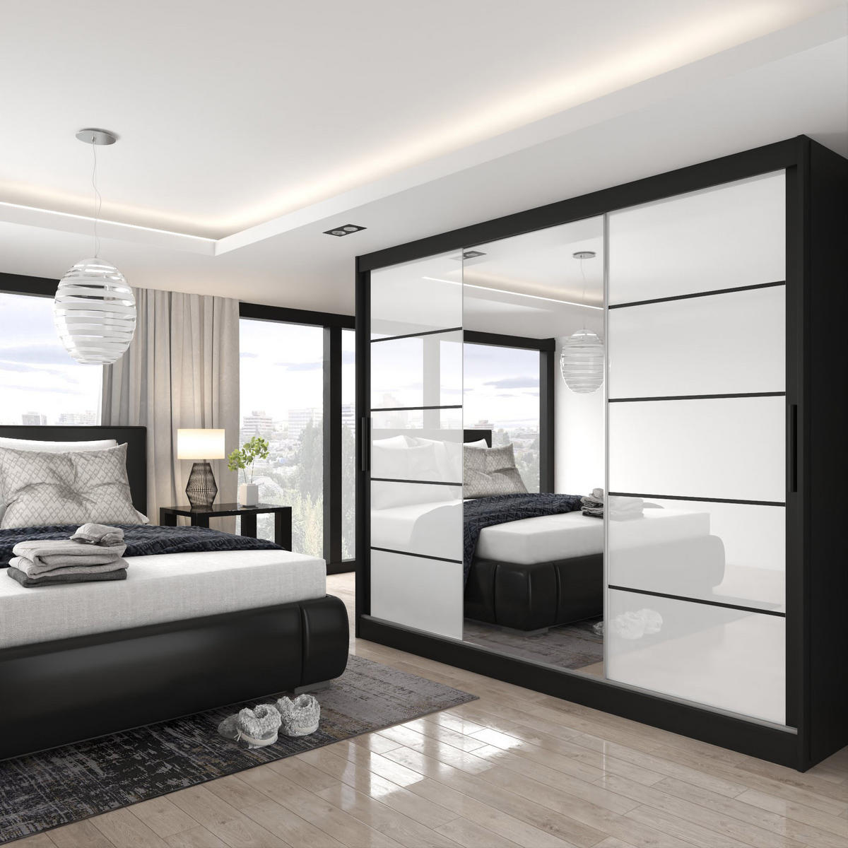 SCHWEBETÜRENSCHRANK Verona MGB, Schwarz/Weiß Hochglanz, 232 cm, mit Spiegel - Weiß, Holz (232/216/60cm) - B BELINI GROUP