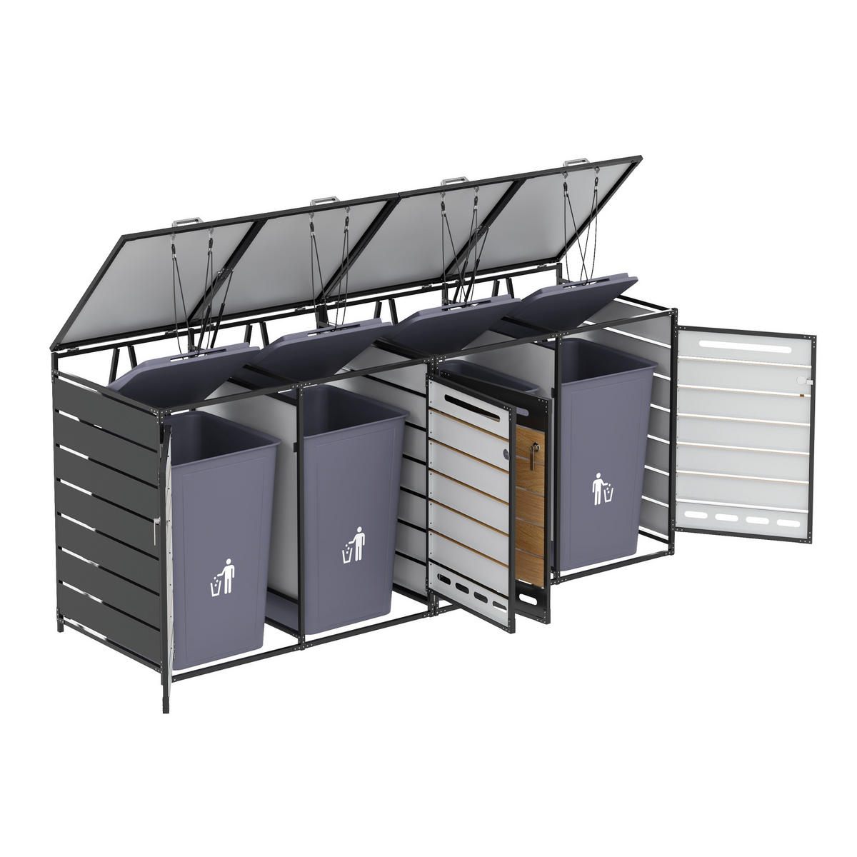 MÜLLTONNENBOX 4er Set Hydraulik Deckel Holzoptik horizontal Schloss - Schwarz, Metall (262/116/79cm) - LEBENLANG