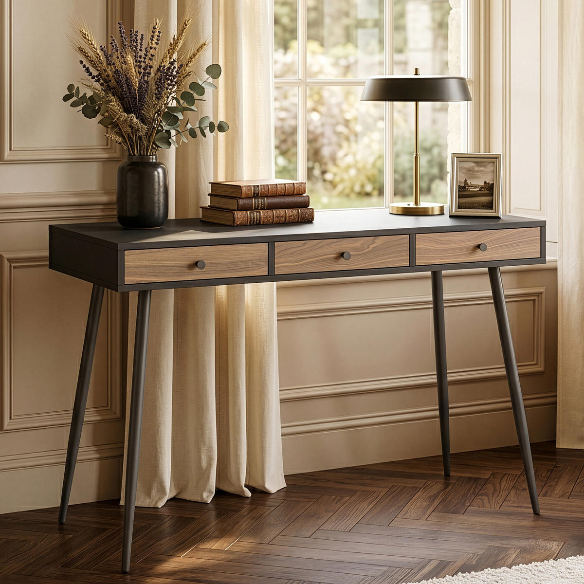 SCHREIBTISCH Tumba - Walnussfarben/Schwarz, Holzwerkstoff/Metall (48/115/76cm) - [en.casa]
