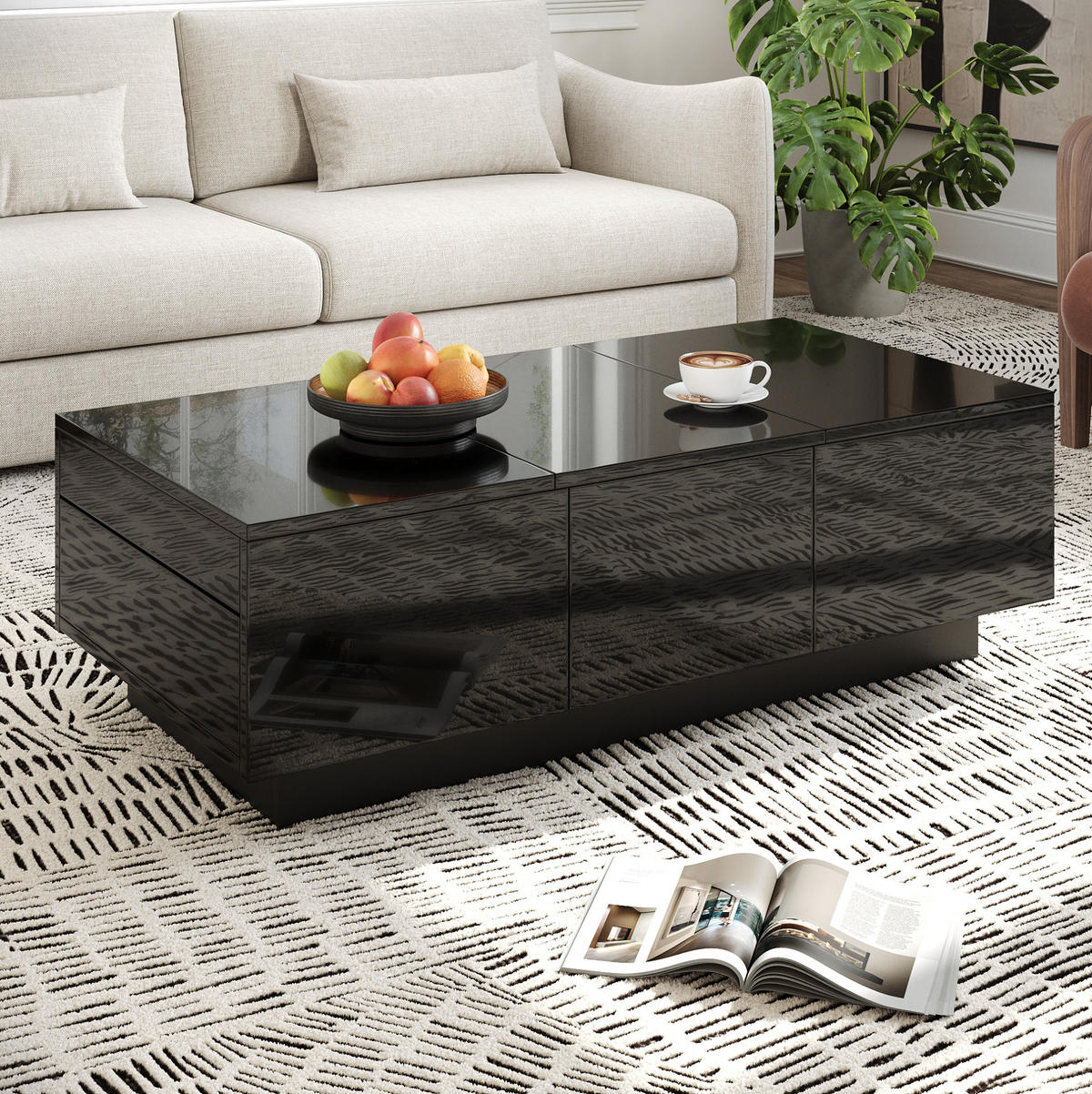 COUCHTISCH aus Spanplatte 100x50x23 cm Schwarz mit Schiebefächern und 2 Schubladen - Schwarz, Holzwerkstoff (100/50/23.5cm) - IVMEU
