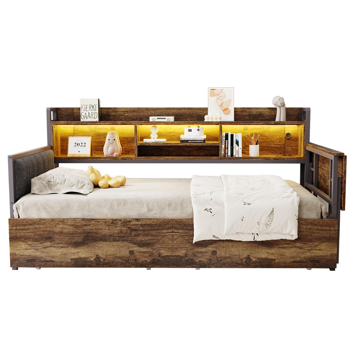 BETT 90/200 cm mit Schreibtisch, LED-Beleuchtung und Stauraum in Holzfarben - Naturfarben, Metall (90/200cm) - Flora Grace