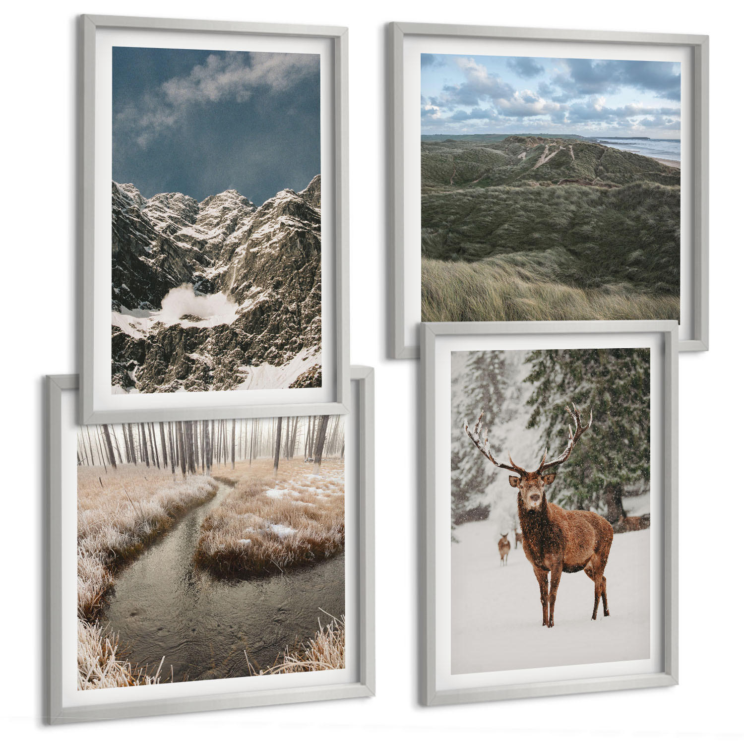 BILDER SET 4er Set - 50x50 cm & 40x60 cm Silberner Rahmen - Berge, Schnee, Hirsche, Waldlandschaft - Silberfarben, Kunststoff (50/50cm) - TULUP